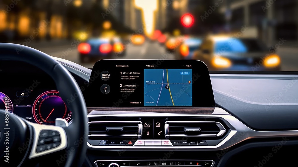 Stay connected on the go: Feature a GPS device on a car's dashboard, surrounded by a bustling traffic scene.