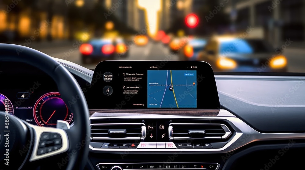 Stay connected on the go: Feature a GPS device on a car's dashboard, surrounded by a bustling traffic scene. Stay connected on the go: Feature a GPS device on a car's dashboard, surrounded by a bustling traffic scene.