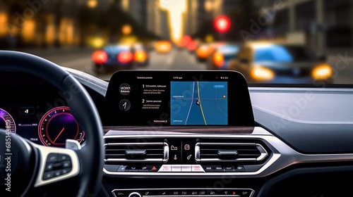 Stay connected on the go: Feature a GPS device on a car's dashboard, surrounded by a bustling traffic scene.