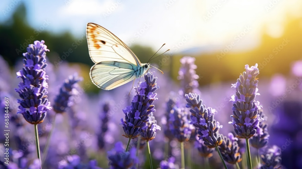 Summer charm: a butterfly perched on a lavender flower in the picturesque lavanda fields Summer charm: a butterfly perched on a lavender flower in the picturesque lavanda fields