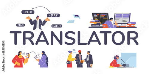 Translation service vector set with title translator, interpreting conversation, online translation using technologies