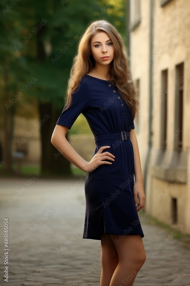 Fototapeta premium Elegant and Stylish Attractive Thin Lady Model with Long Legs Posing Outdoors in a Dark Blue Dress. Generative AI.