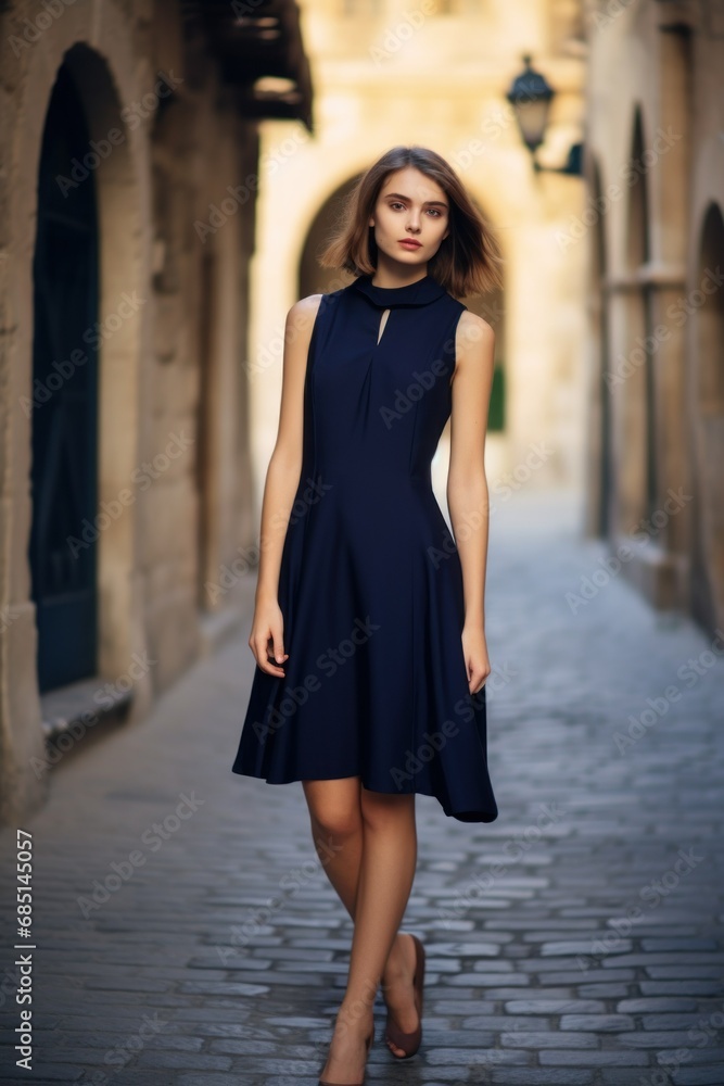 Elegant and Stylish Attractive Thin Lady Model with Long Legs Posing Outdoors in a Dark Blue Dress. Generative AI.
