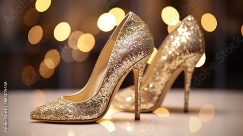 Golden elegance: beautiful glitter high heel shoes on a glass shelf. Ideal for wedding accessories.