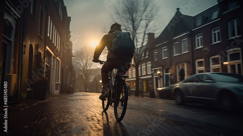 Person riding a bicycle in the morning, dutch street © PHdJ