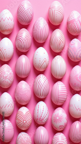 Pink Easter eggs on pink background. Top view. Flat lay .