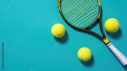 Tennis racket and balls on blue background. Top view with copy space