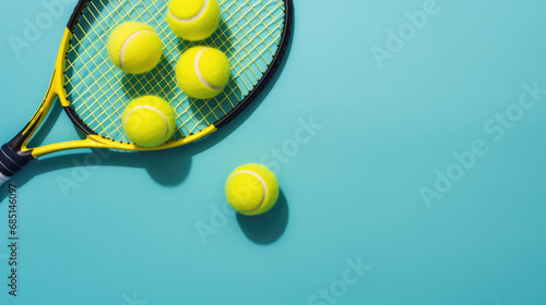 Tennis racket and balls on blue background. Top view with copy space © Art AI Gallery