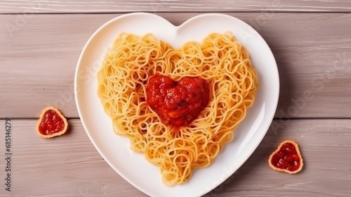 Heart-shaped plate with pasta spaghetti and tomato sauce, a symbol of love, romance, and Valentine's Day. Romantic dinner, creating an atmosphere of affection and celebration concept. photo