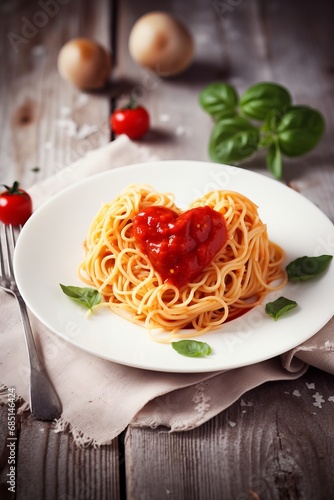 Heart-shaped plate with pasta spaghetti and tomato sauce, a symbol of love, romance, and Valentine's Day. Romantic dinner, creating an atmosphere of affection and celebration concept.