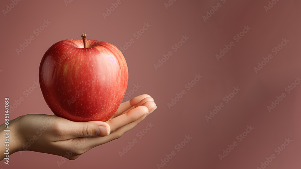Hand holding red apple fruit isolated on pastel background Hand holding red apple fruit isolated on pastel background