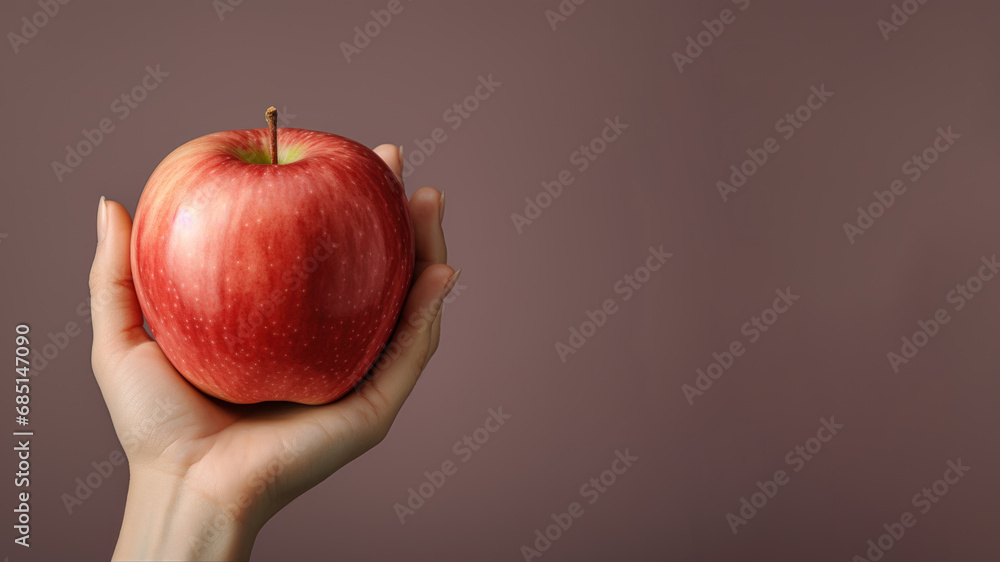 Hand holding red apple fruit isolated on pastel background Hand holding red apple fruit isolated on pastel background