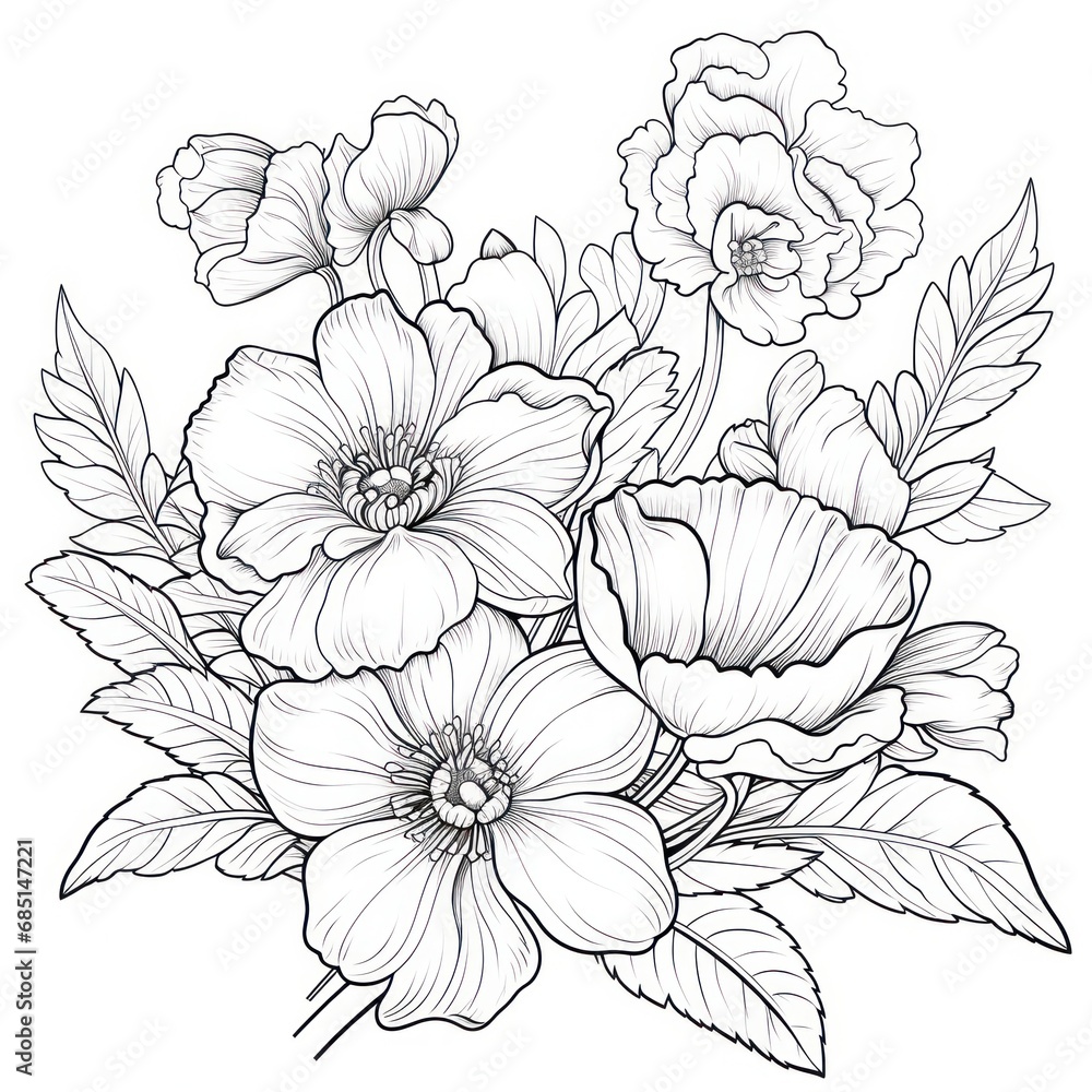 Elegant black and white line art illustration of a floral arrangement suitable for adult coloring