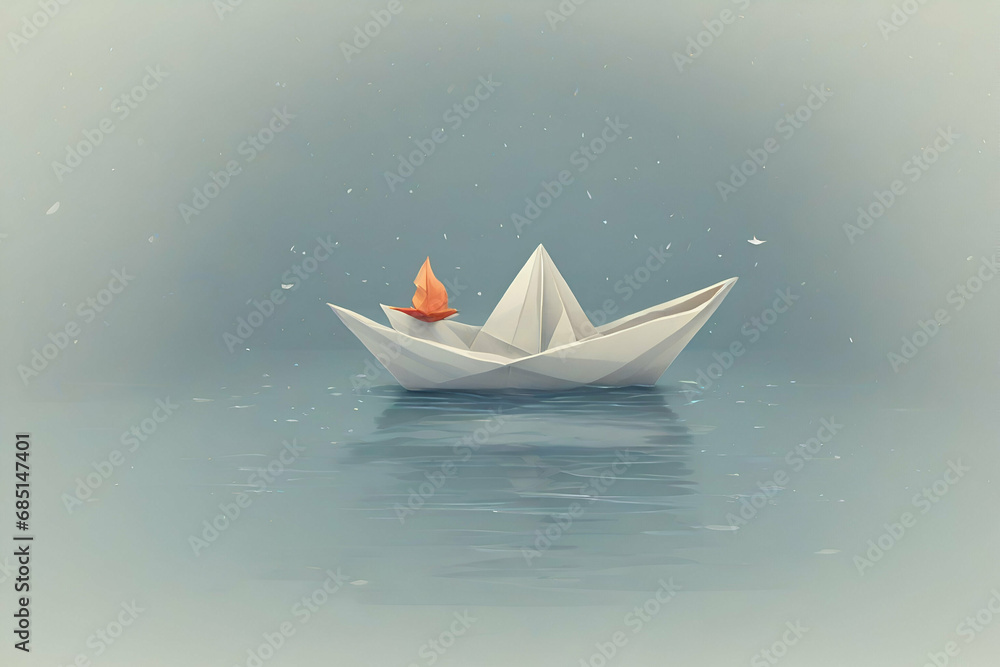Lonely paper boat, Concept art of alone, solitude and loneliness. minimal illustration