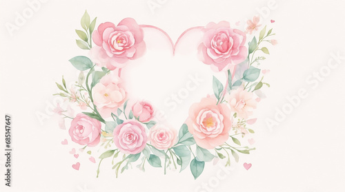  Template with watercolor flowers and heart shape. Decor for Valentine s Day. AI 