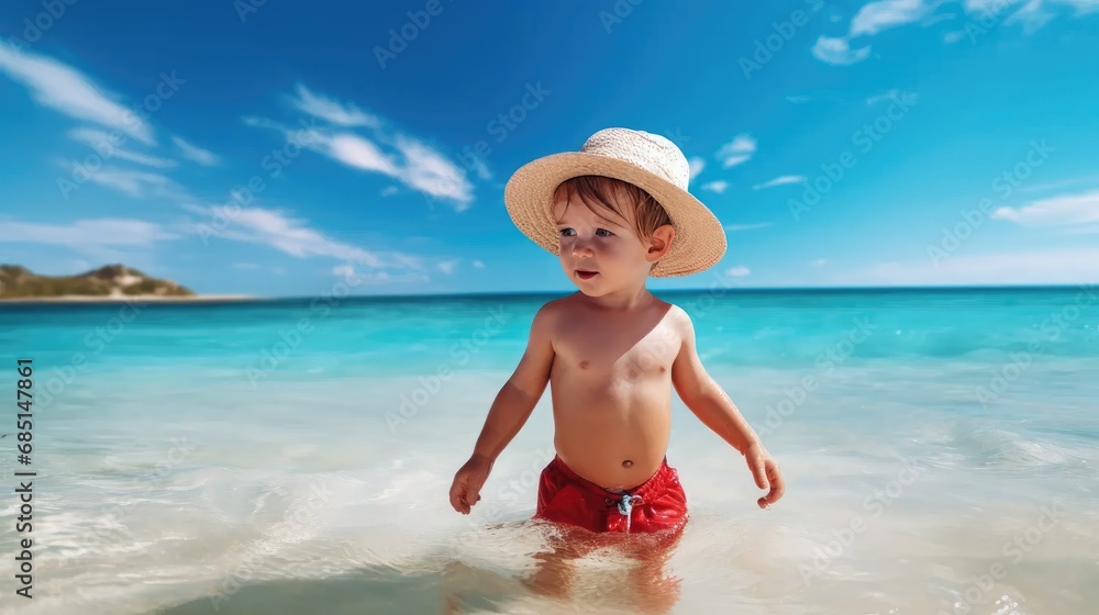 Tropical beach stroll: little boy in a red hat enjoys ocean waves. Serious toddler seaside adventure. Tropical beach stroll: little boy in a red hat enjoys ocean waves. Serious toddler seaside adventure.
