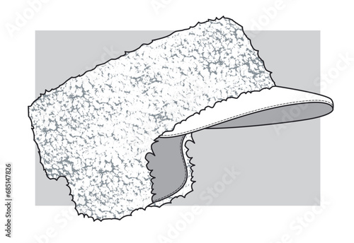 Winter fake eco fur visor of the cap with ears. Technical sketch. Vector illustration.