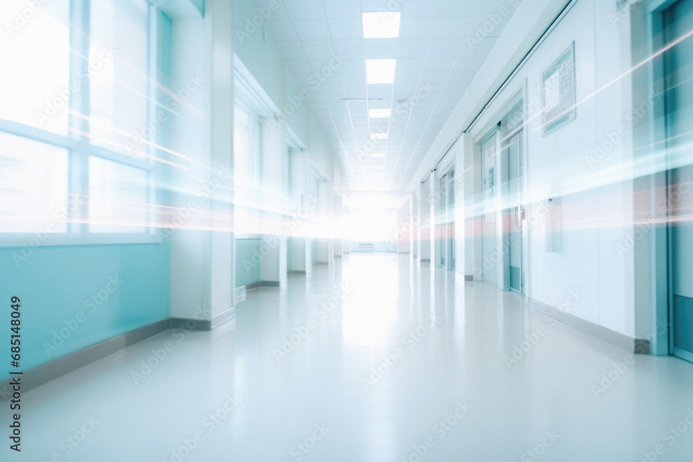 Interior of a modern hospital corridor with lights and reflections, motion blur.