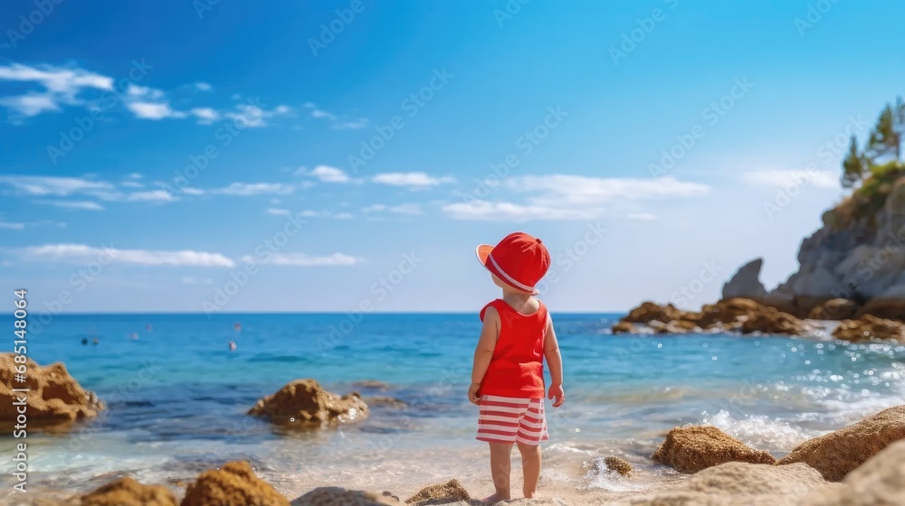Tropical beach stroll: little boy in a red hat enjoys ocean waves. Serious toddler seaside adventure. Tropical beach stroll: little boy in a red hat enjoys ocean waves. Serious toddler seaside adventure.