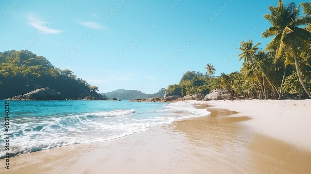 Tropical island with sandy shore, calm blue sea surface and palm trees on a sunny day. Natural background. Modern screen design.  Illustration for cover, card, postcard, brochure or presentation.