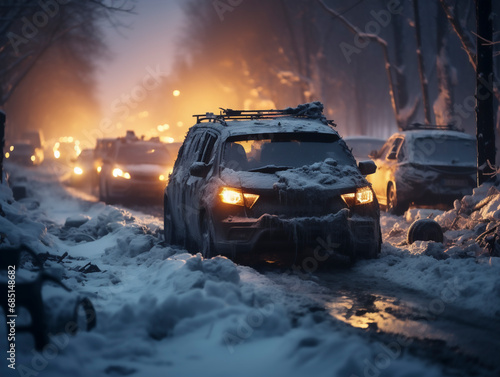 Cars stuck in a snow-covered road, AI generated
