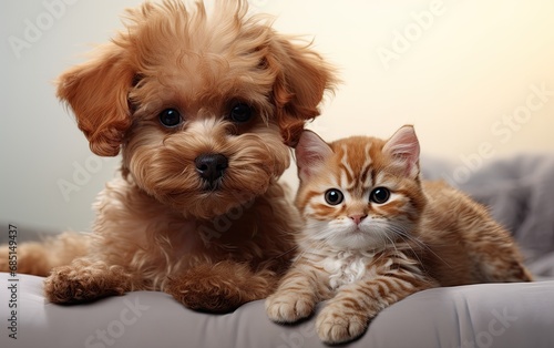Puppy and kitten at the white background. © hugo