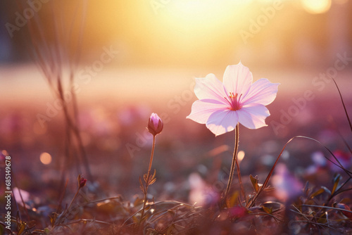Beautiful pink cosmos flower in the meadow at sunset time. © Art AI Gallery