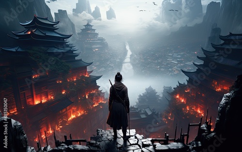 A samurai holding a sword faces toward the castle city. 
