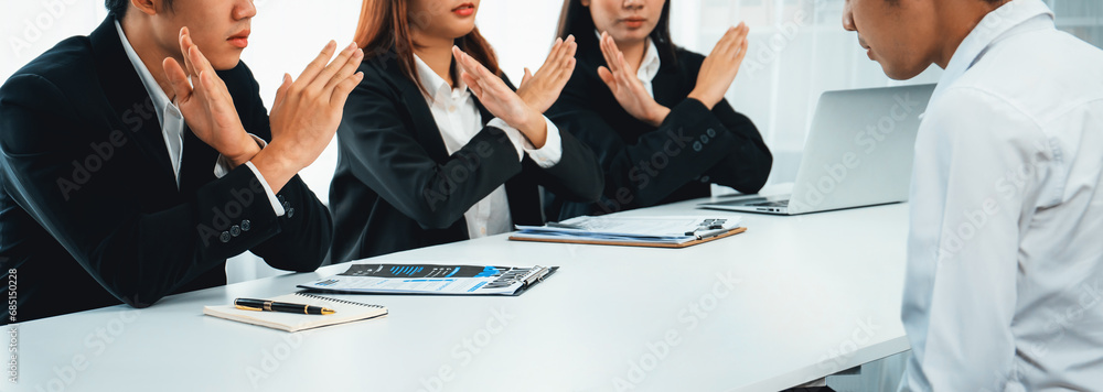 Candidate is rejected by job interviewer and human resources manager showing concept of unemployment, fired, disagreement and turning down the offer putting sadness on hiring person. Oratory failure. - obrazy, fototapety, plakaty 