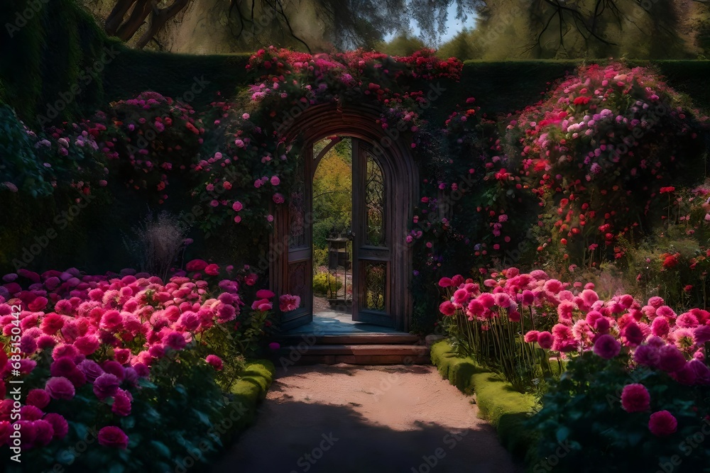 Fototapeta premium Entrance door with flowers