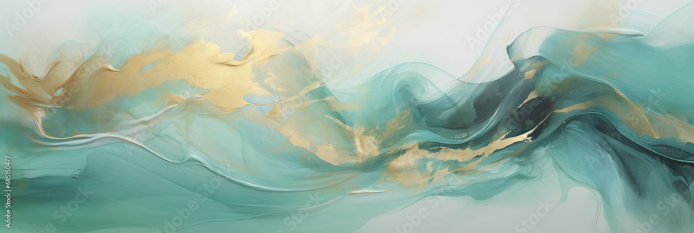 Abstract watercolor paint background by teal color blue and green and glistering gold with liquid fluid texture for background or banner with space for text. - obrazy, fototapety, plakaty 