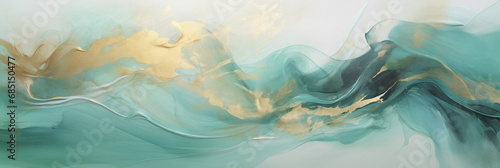 Abstract watercolor paint background by teal color blue and green and glistering gold with liquid fluid texture for background or banner with space for text.