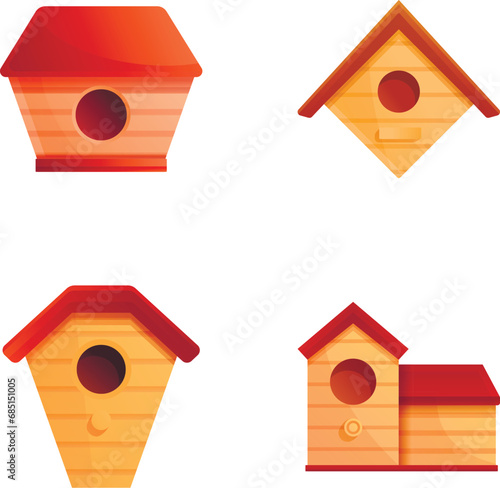 Handmade birdhouse icons set cartoon vector. Various wooden birdhouse. Wooden house for bird