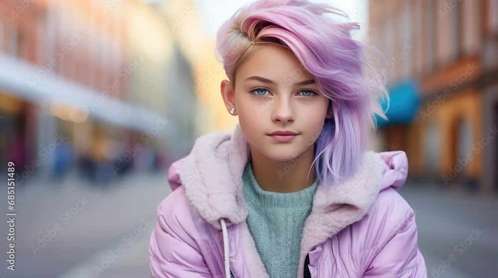 Fashion flair: cute kid with pastel chalk-dyed hair in the city. Showcase the vibrant hairstyle and urban street style.