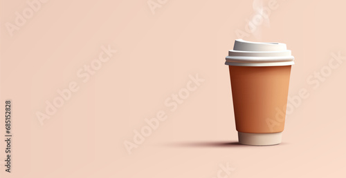 Paper coffee cup with a 3D lid. Realistic brown cup with a drink for cafe design concepts, and logo placement. Vector