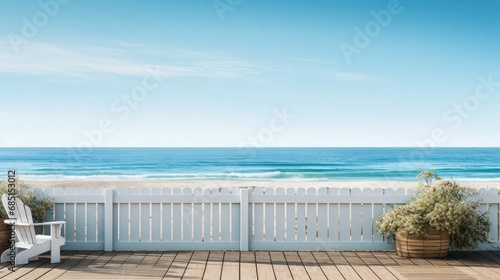 Embrace seaside living: terrace with wooden white fence overlooking the ocean. coastal view and serene atmosphere. © pvl0707