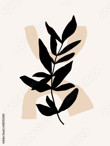 Modern abstract botanical art print. Organic shapes and foliage in neutral colors. 
