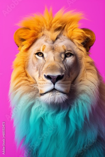 A majestic lion with an artistically colored mane in vibrant shades of yellow and teal, set against a vivid pink background © Breezze