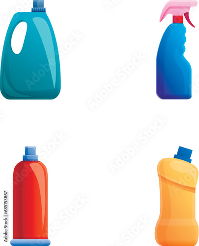 Cleaning agent icons set cartoon vector. Various plastic detergent bottle. Household cleaning product