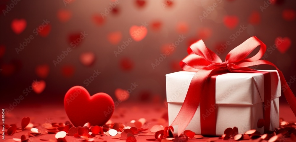 A vibrant red and white background showcasing a beautifully wrapped Valentine's Day gift, adorned with elegant ribbons and a heart-shaped tag. Copy space available for personal messages.