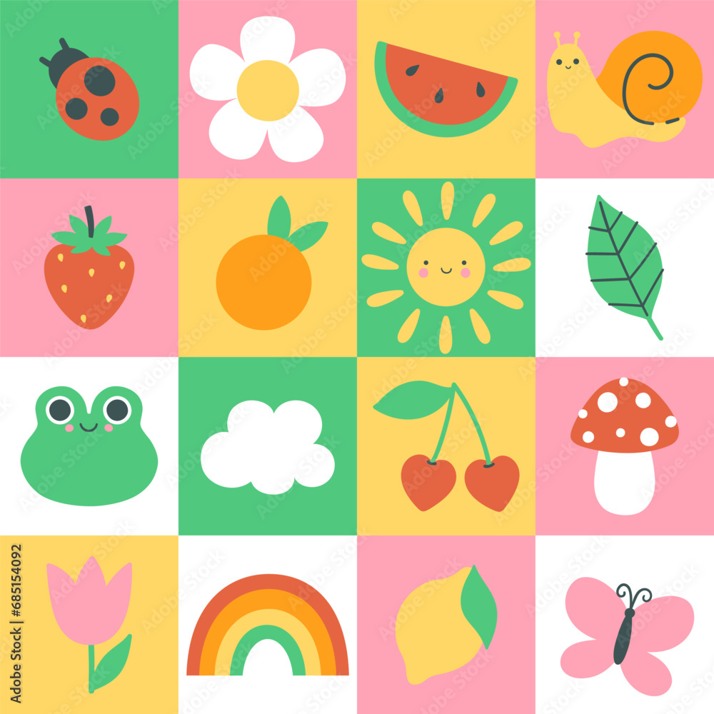 Checkered seamless pattern with summer items. Vector graphics.
