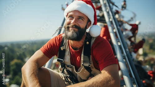 A male electrician at work wearing a New Year's Santa hat. A guy with a beard, a professional working on the street, fixing breakdowns.