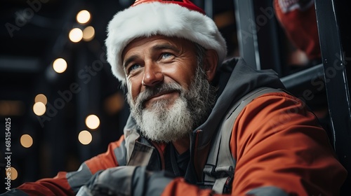 A male electrician at work wearing a New Year's Santa hat. A guy with a beard, a professional working on the street, fixing breakdowns.