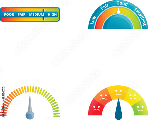 Speedometer icons set cartoon vector. Various measuring device. Indicator, measurement concept