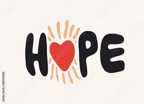 hope with love icon typoghraphy organic doodle shapes matisse style, naive art, contemporary backgrounds. beach and mountains vector illustration