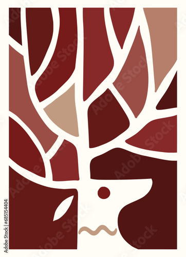 Deer with branching antlers for decoration organic doodle shapes matisse style, naive art, contemporary backgrounds. beach and mountains vector illustration