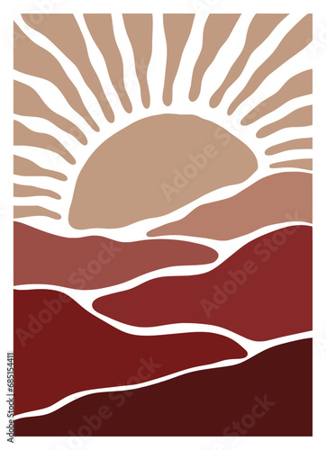 sunset and sunrise mountain lanscape panorama organic doodle shapes matisse style, naive art, contemporary backgrounds. beach and mountains vector illustration