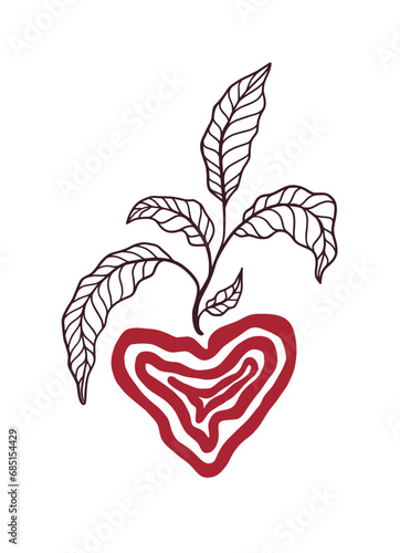 The plant grows in a heart or love shaped pot. Organic doodle shapes matisse style, naive art, contemporary backgrounds art