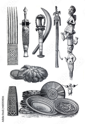 Vintage hand drawn African traditional culture vintage or retro illustration. Tribal art. Traditional symbols. old cultural african music instruments or shamanism objects.