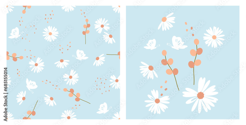 Fototapeta premium Seamless pattern with daisy flower and butterfly on blue background vector. Daisy icon set and orange berry branch icon. 